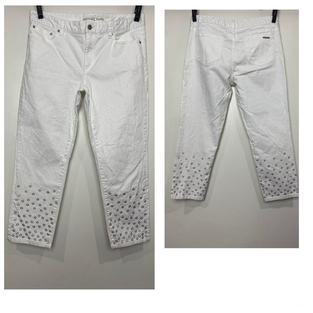 Michael Kors Women's Sz 12 Jeans Izzy Cropped Skinny Mid-Rise White Floral Studs